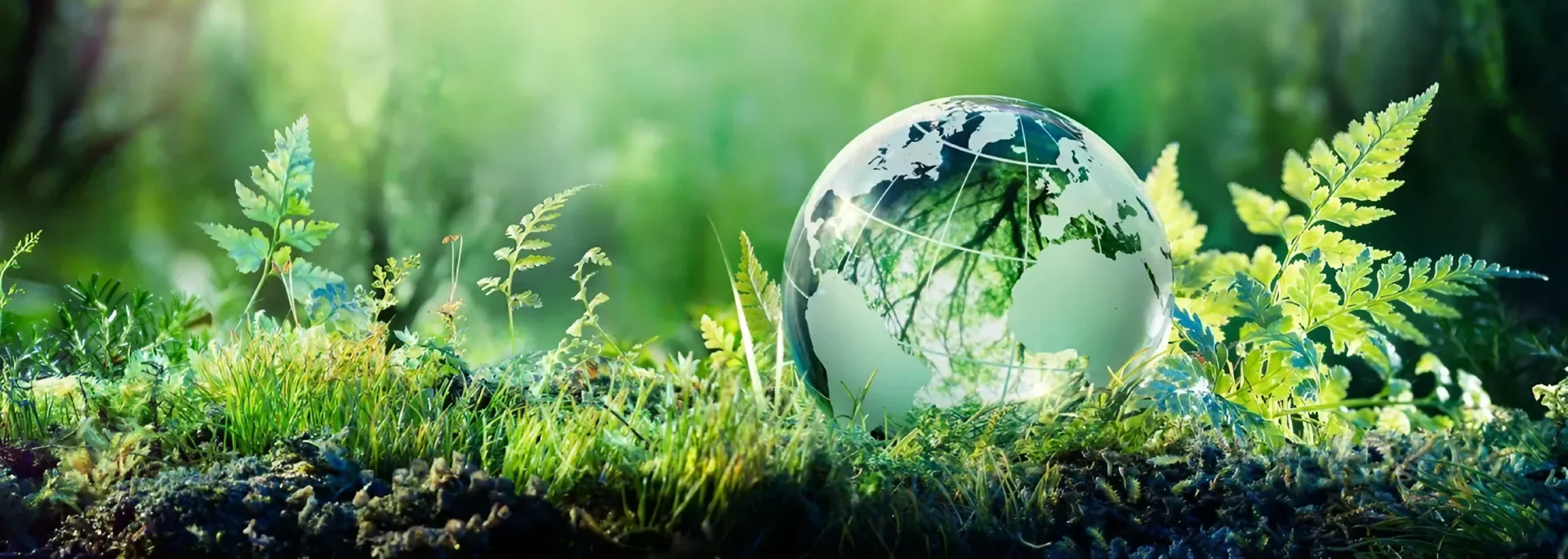 A globe sitting in the grass with trees and plants
